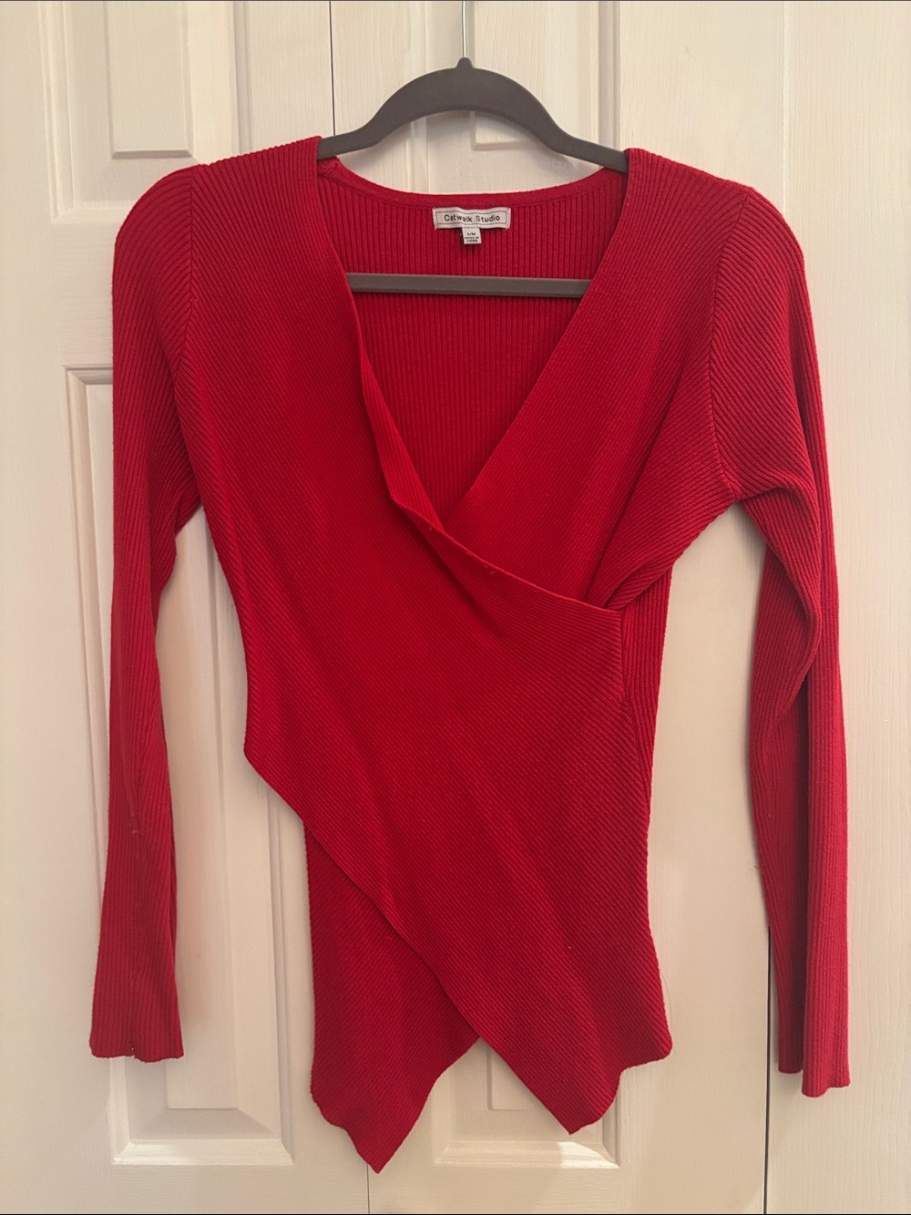 Calvin Studio Red Ribbed V-Neck Wrap Sweater
